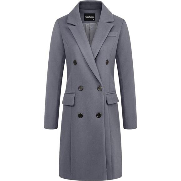 Women's Notched Lapel Collar Double Breasted Coat Grey